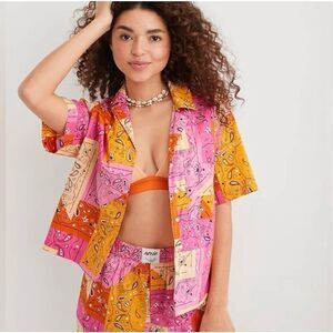 Aerie Women’s Large Poplin Pajama Top Button Front Patchwork Paisley Lounge